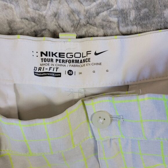 Nike Golf Shorts Mens 36 Light Gray Volt Tour Performance Dri-Fit Plaid Golfer - Picture 6 of 12